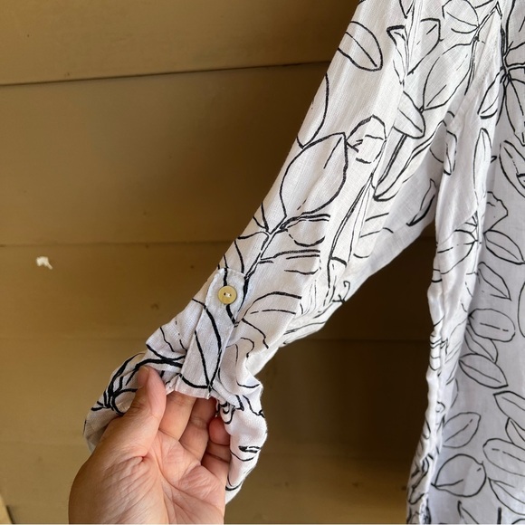 Cynthia Rowley White Leaf Print Linen Blouse Button Down Tunic 1X - Picture 2 of 4
